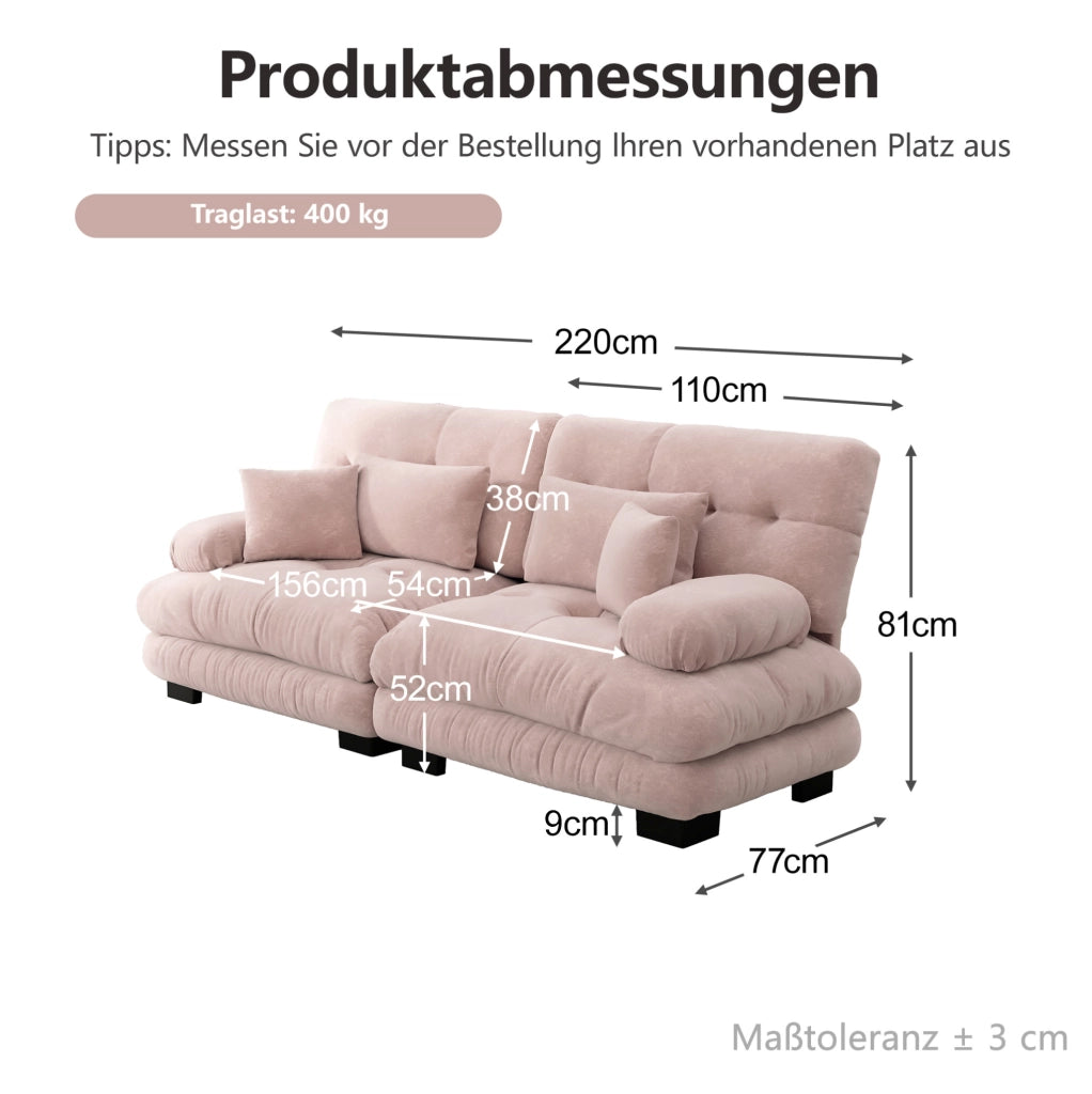 Divano modulare in chenille rosa; design cloud con cuscini decorativi e cuscini lombari