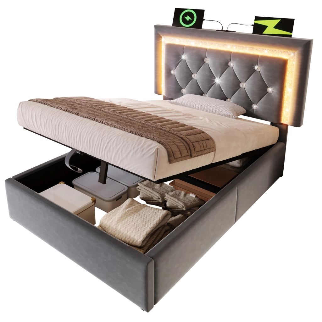 Letto imbottito idraulico con luci LED e porta USB 90x200 cm velluto grigio