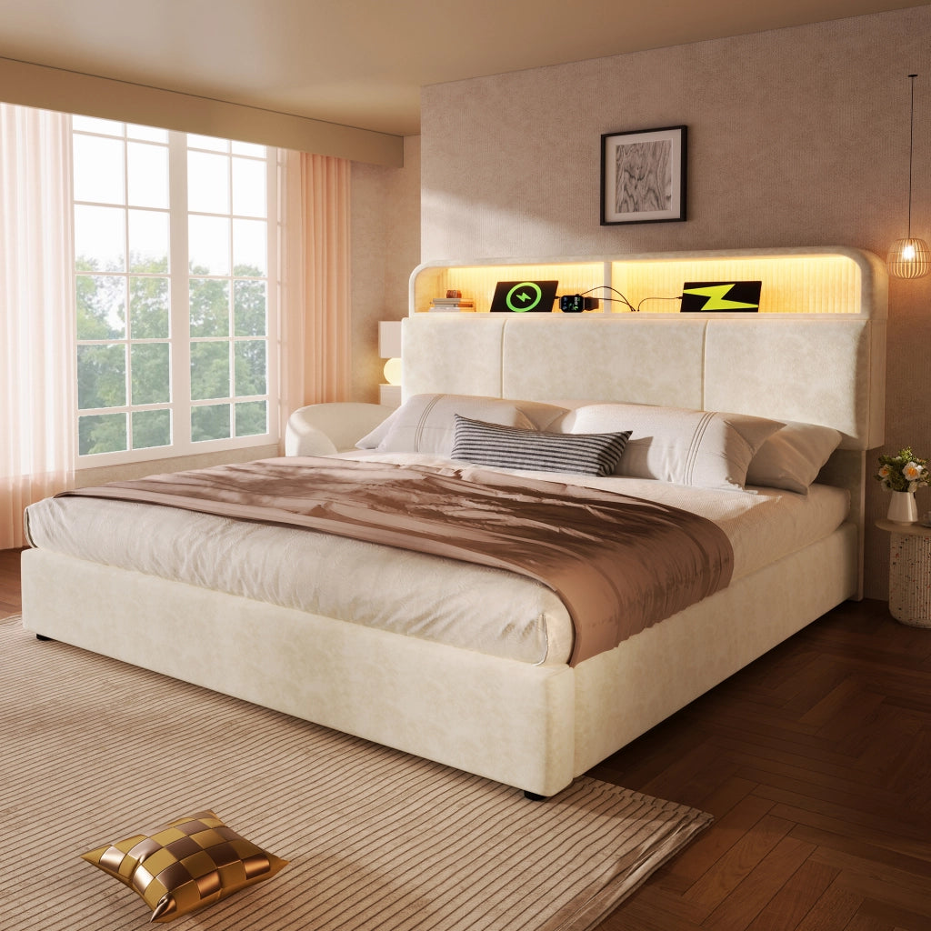 OKWISH Letto Contenitore 160×200 cm, Letto Matrimoniale con Contenitore, USB, Tipo C, LED Regolabile e Testiera Regolabile, senza Materasso, Velluto, Beige