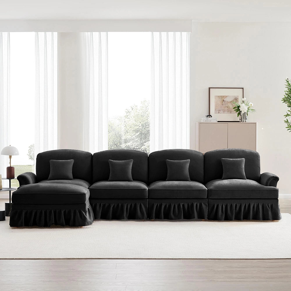 Divano modulare a L - Xylo - 4 posti, chenille, stile classico, nero