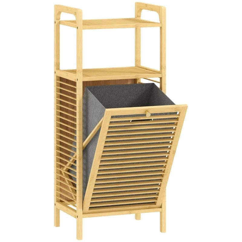 MOBILE BAGNO A DOGHE CON CESTO PORTABIANCHERIA E ARMADIETTO, IN BAMB¨ E POLIESTERE, 40X30X95 CM, GRIGIO E LEGNO