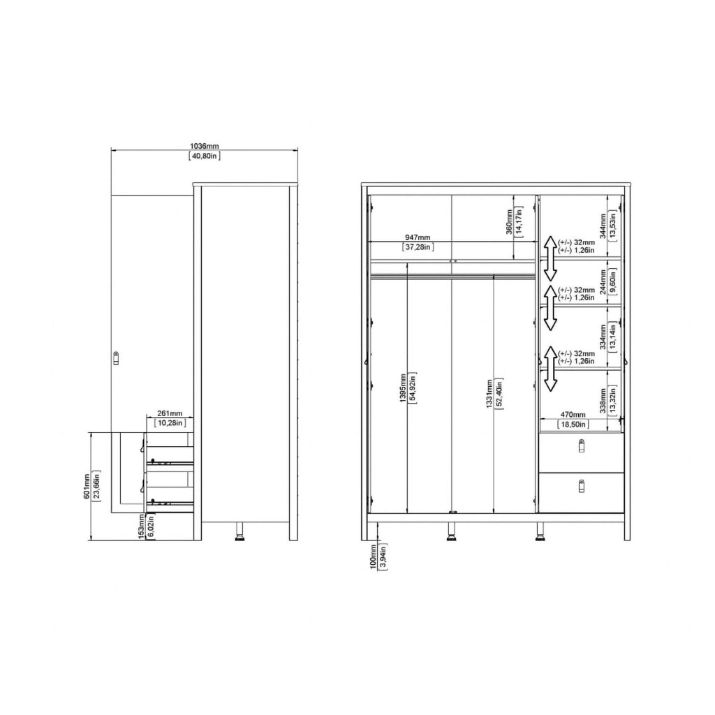 Guardaroba 3 ante Rufina, Mobile camera da letto, Cabina armadio portabiti, Armadio appendiabiti, 150x58 h199 cm, Nero