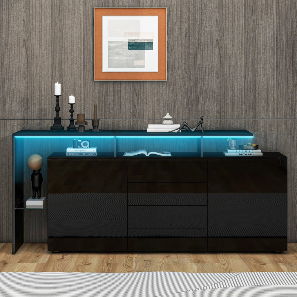 Sideboard moderno 160 cm con LED; USB; 4 cassetti e ante lucide; nero