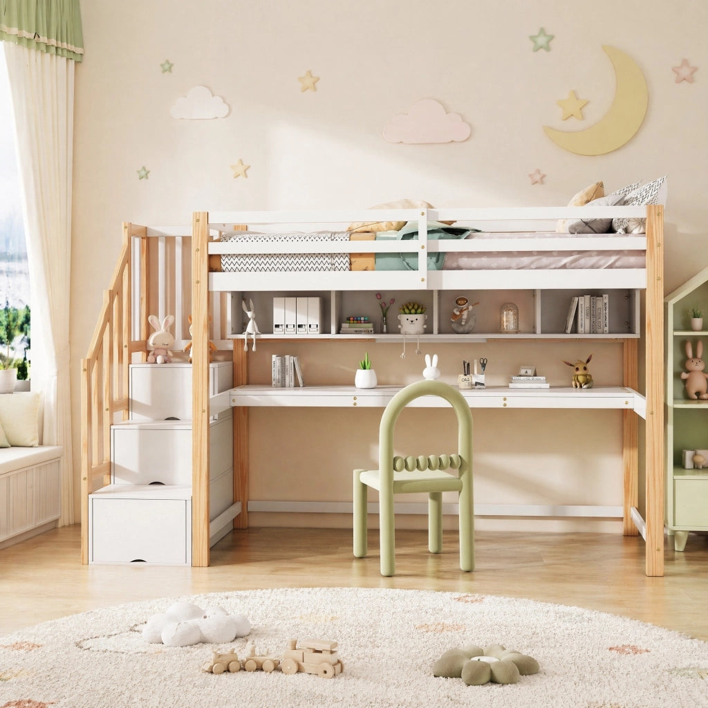 LETTO A SOPPALCO per bambini 90x200 cm con scrivania e scala contenitore bianco e rovere