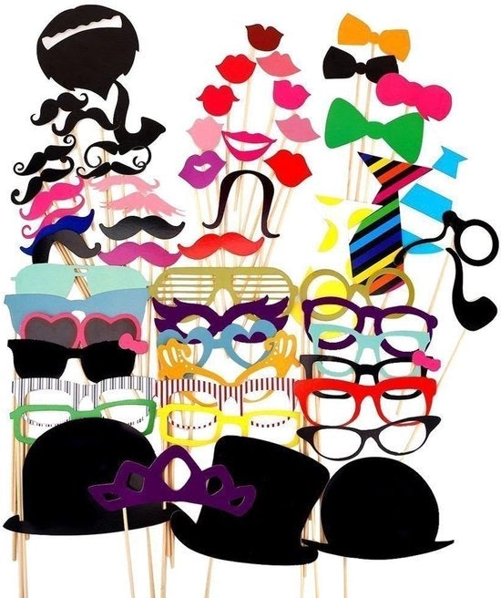 Accessori di scena per foto 58 pezzi - Finte barbe/ labbra/ cappelli/ occhiali - Accessori per feste - Matrimonio/ compleanni/ feste per bambini - Facili da utilizzare - Accessori per fototrappola