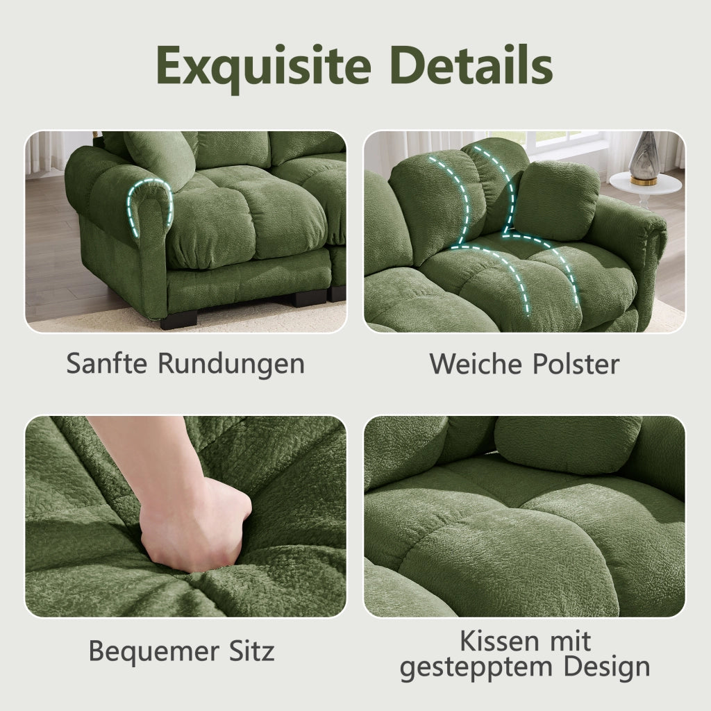 Divano modulare con cuscini trapuntati e cuscino piccolo, in Chenille, Verde 330 × 86 × 90 cm