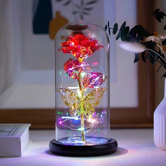 Lanterna LED a forma di farfalla con fiori Forever Rose in vetrina trasparente, idea regalo - rosso