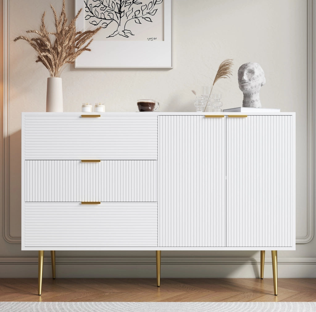 Sideboard moderno 120x38x80;5 cm in MDF bianco e oro con 3 cassetti e 2 ante