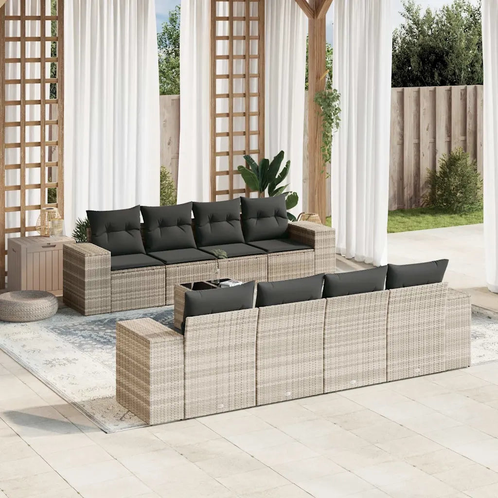 Set Divano da Giardino 9pz con Cuscini Grigio Chiaro Polyrattan