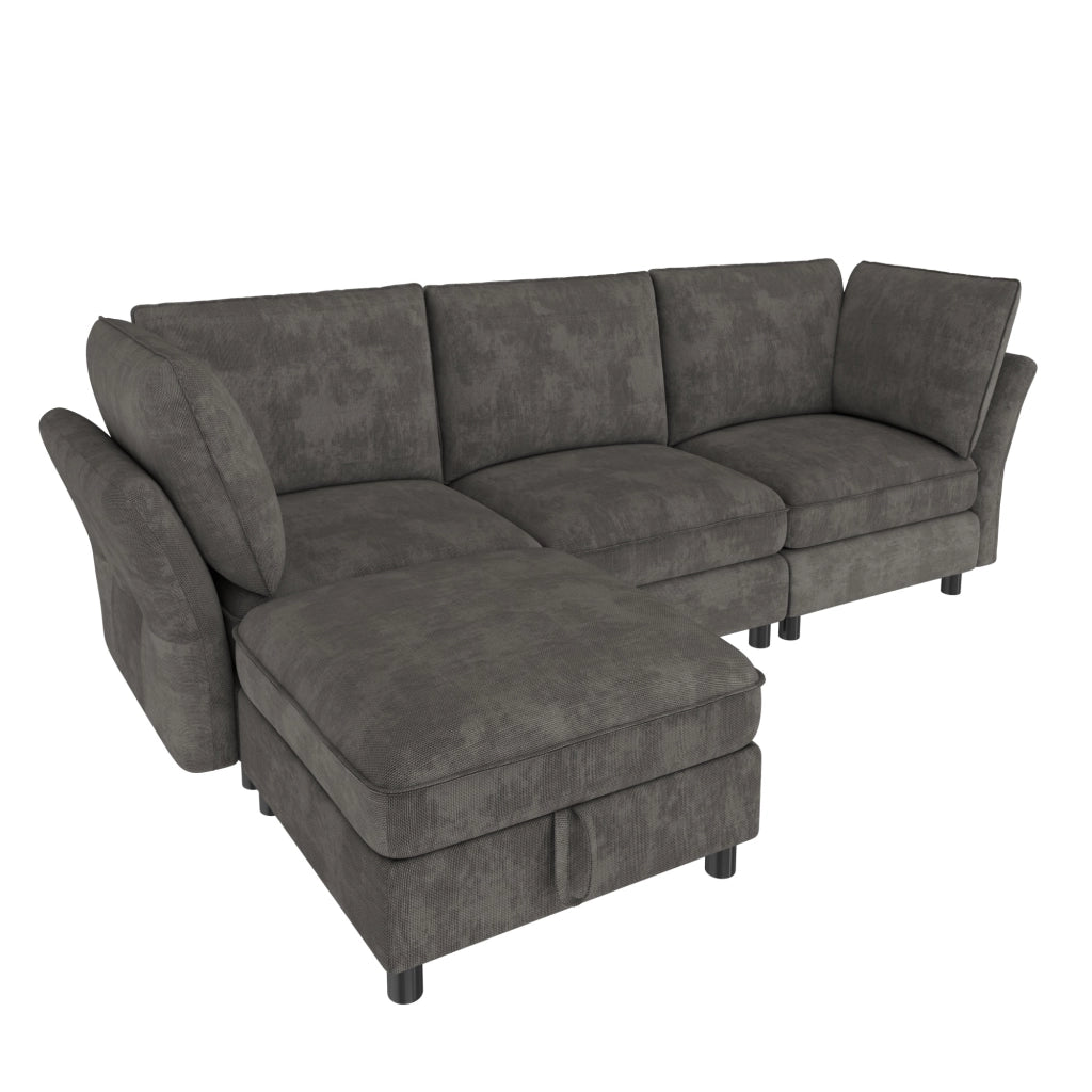 Divano modulare angolare 4 posti - con pouf contenitore e cuscini - in chenille grigio