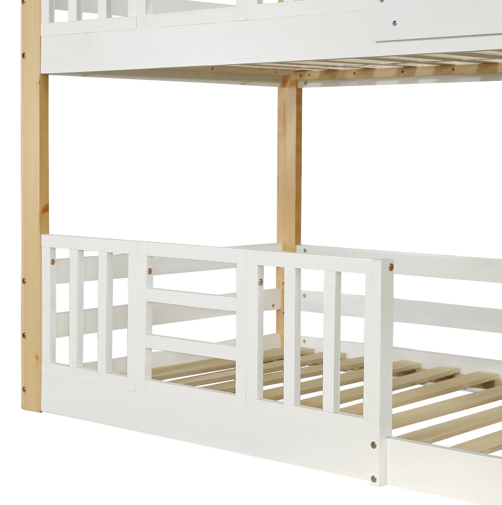 Letto a castello a casetta con scala contenitore, sponde di sicurezza e design con finestre