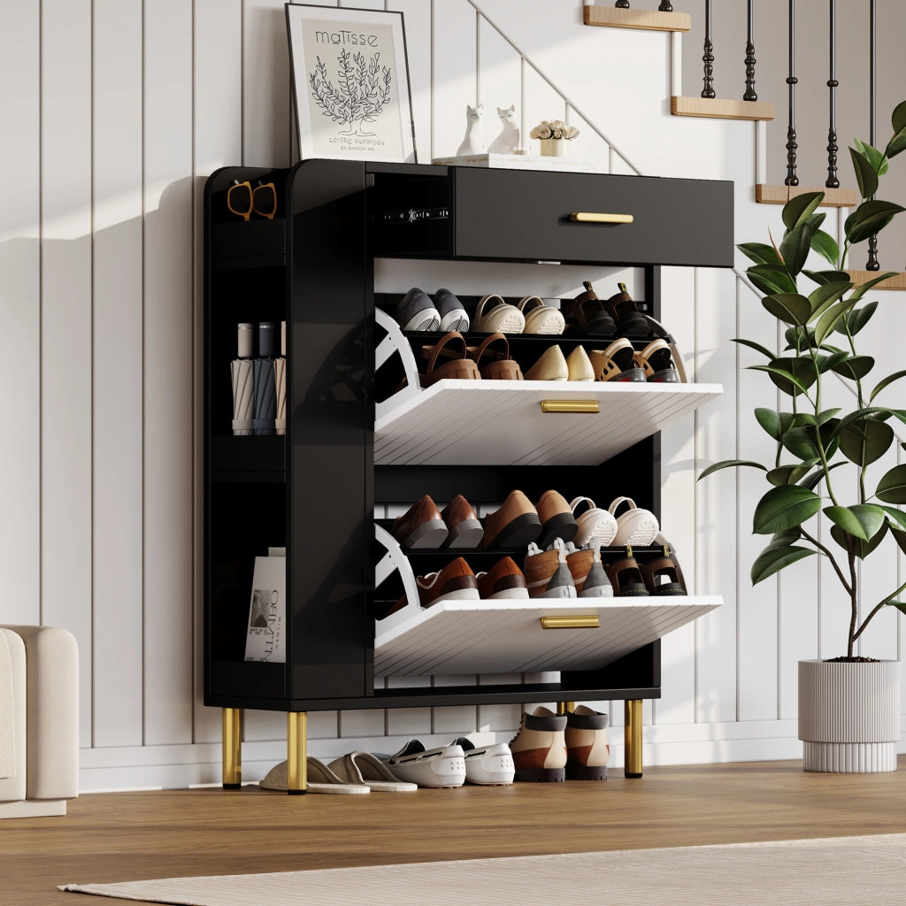 Scarpiera 80x24x105 cm con 2 scomparti a ribalta e cassetto in MDF e truciolato bianco e nero