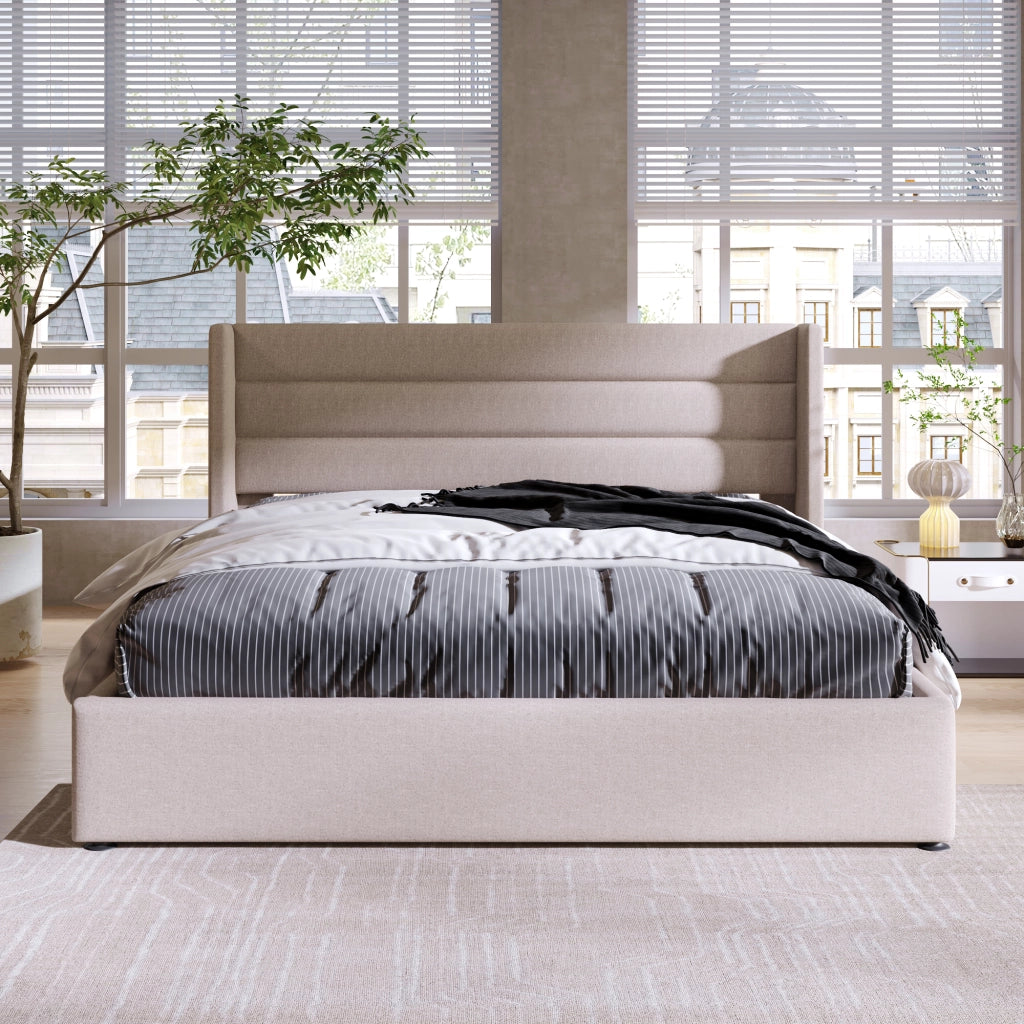 DESMIU Letto Contenitore Letto Matrimoniale con vano idraulico, 180 × 200 cm, senza materasso, lino, beige