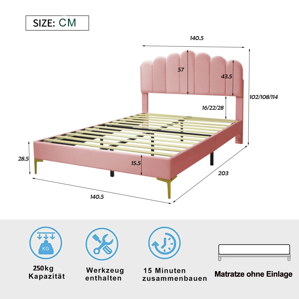 letto imbottito velluto rosa 140 x 200 cm