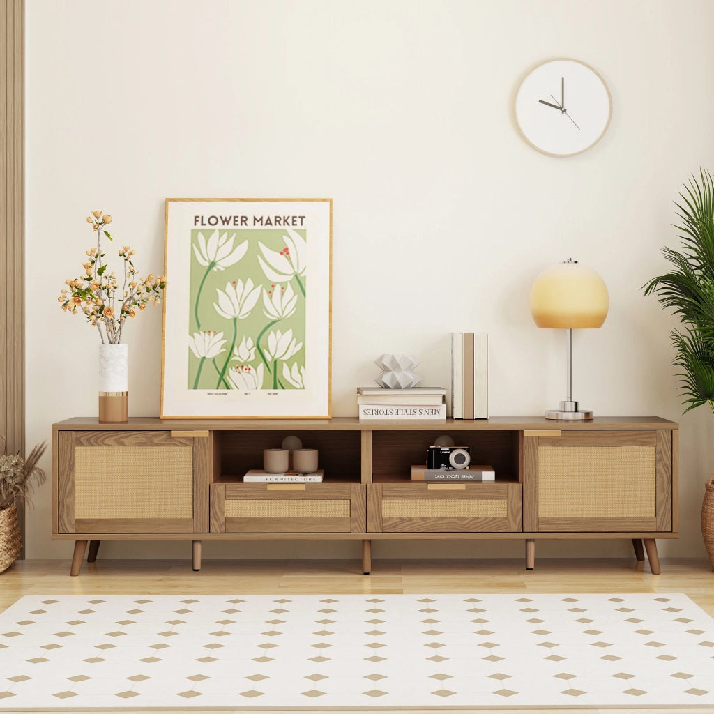 Mobile TV in truciolare effetto rovere con dettagli in rattan sintetico, 200x37x49 cm, 2 ante, 2 cassetti, gambe regolabili, montaggio facile