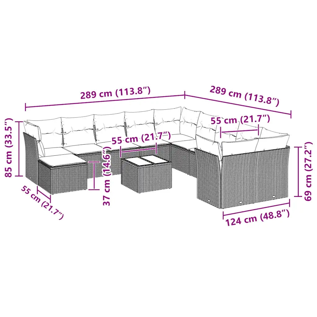 Set Divano Giardino 12 pz con Cuscini Grigio Chiaro Polyrattan