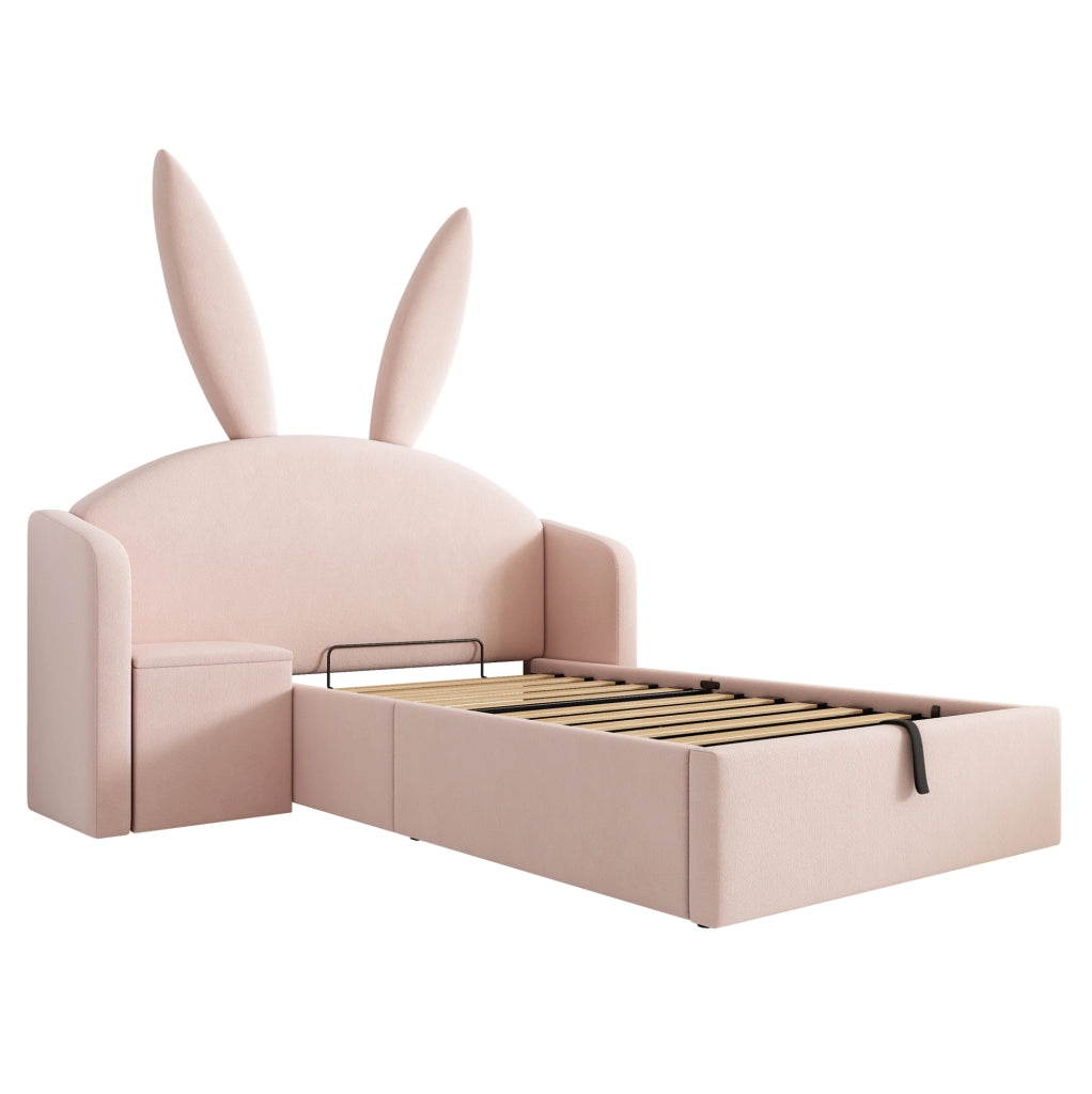 Letto 90x190 cm con contenitore e comodino in velluto rosa