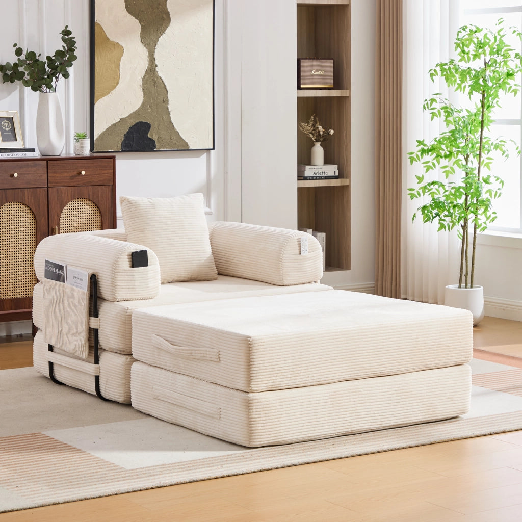 Divano Modulare con Pouf, con Tasca Laterale e Cuscino, in Velluto a coste, Beige
