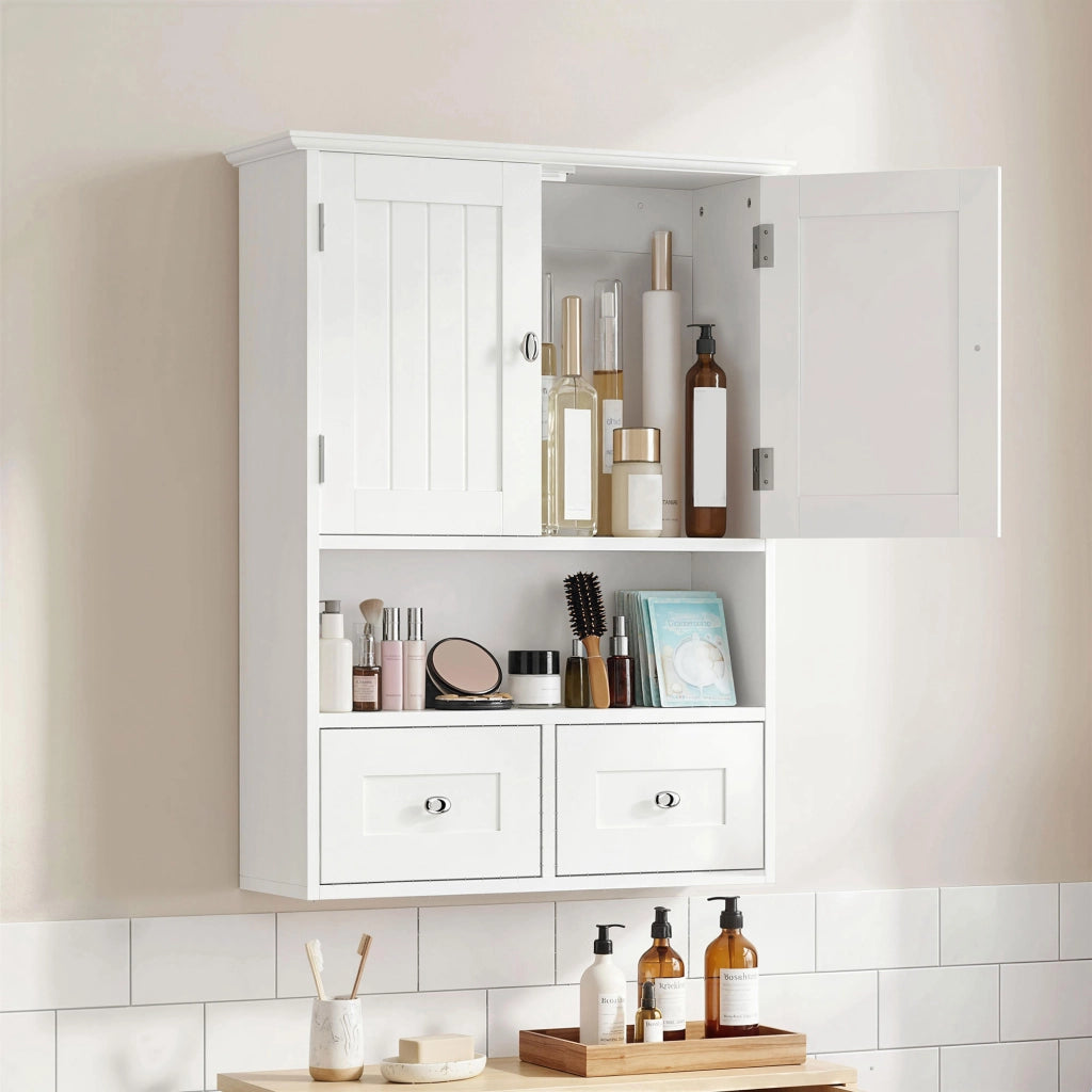 Armadietto da Bagno Sospeso con 2 Ante e 2 Cassetti ¨C zephmum ¨C 50.8x17.8x66 cm Bianco