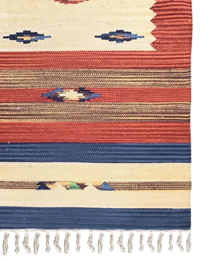 Tappeto KELIM 02 disegni etnici orientali colori vivaci cm.140x200 tessuto e frangia 100% cotone, lavabile in lavatrice