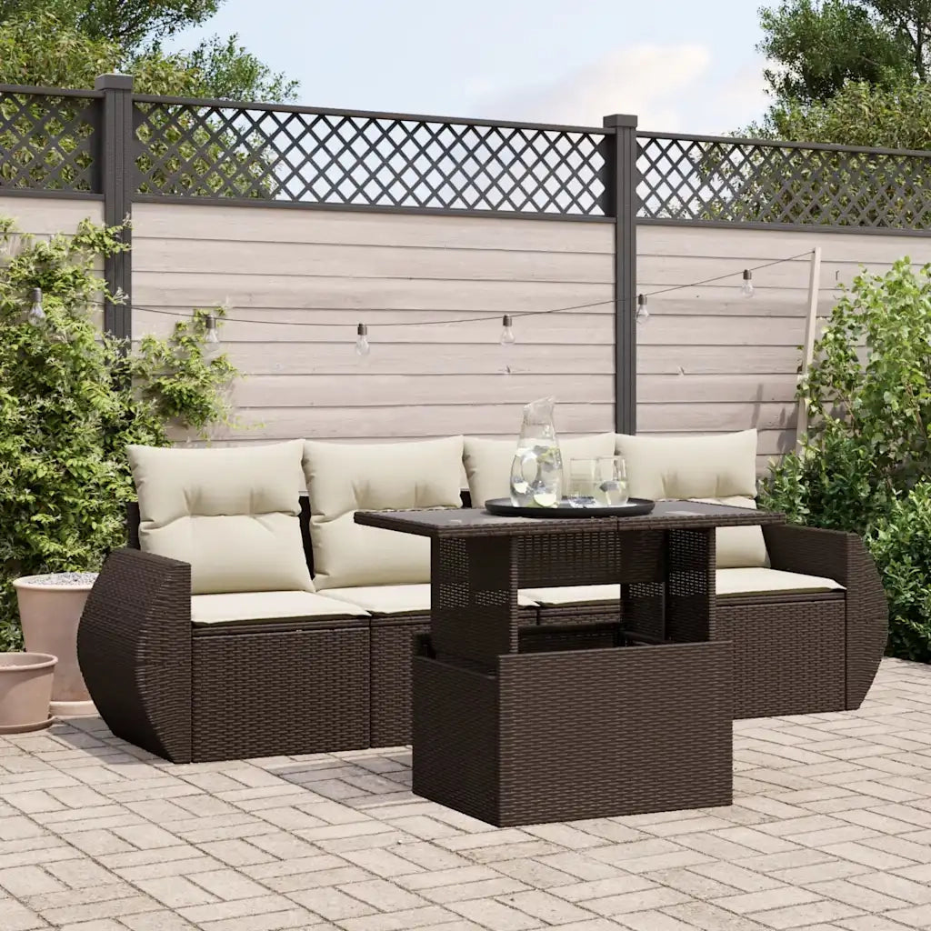 Set Divano da Giardino 5 pz con Cuscini Marrone in Polyrattan