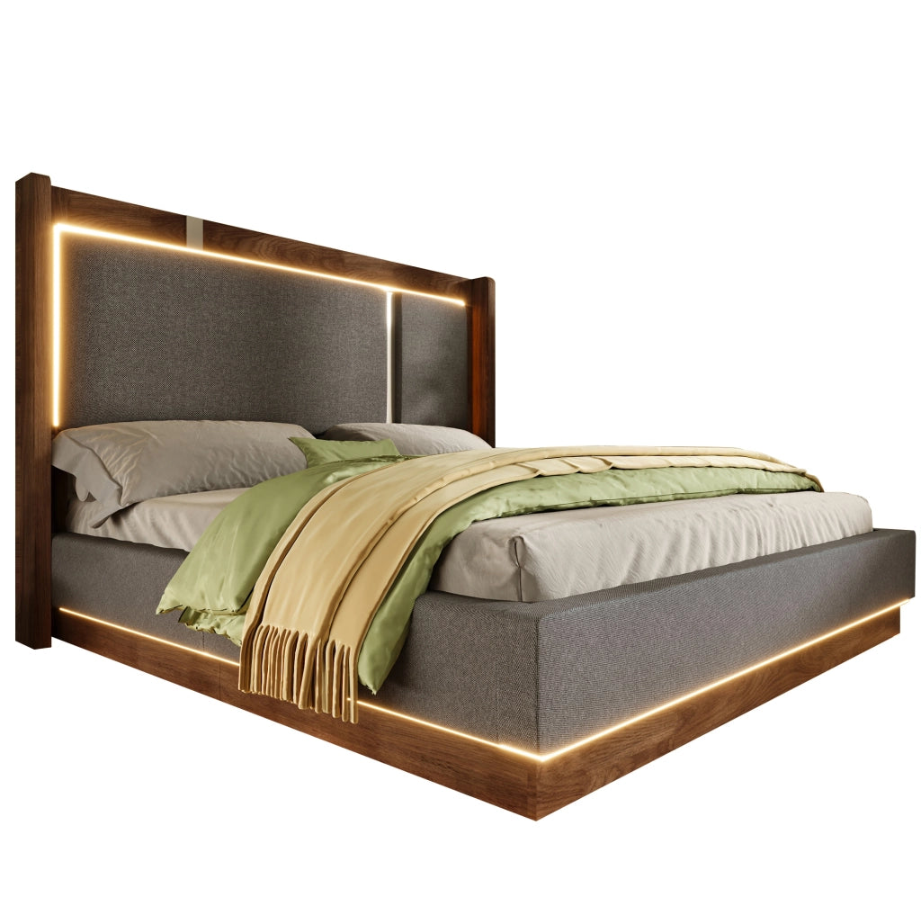 Letto matrimoniale imbottito 180x200 cm con LED e vano contenitore