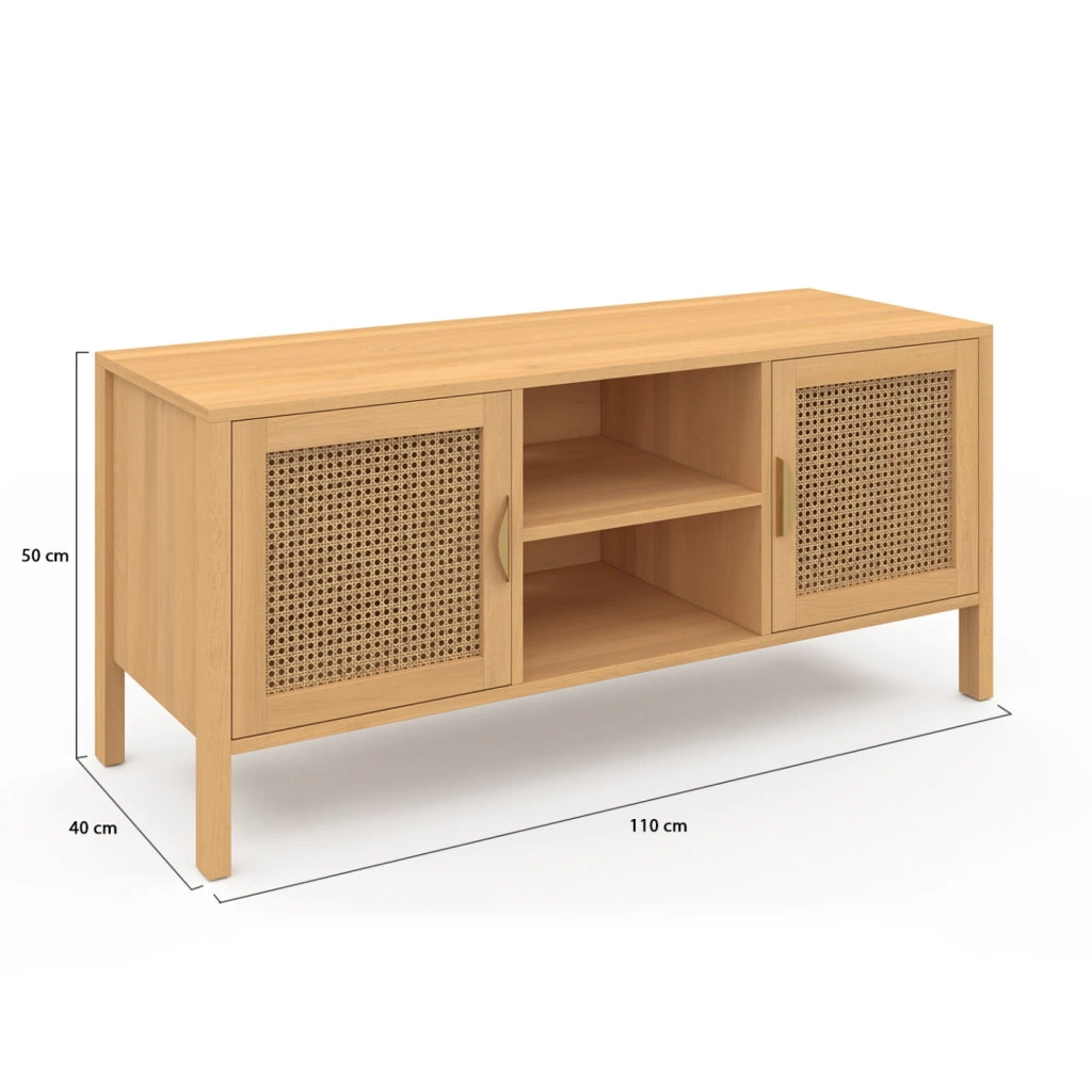 IDMarket - Mueble TV EDHEN 2 puertas con mimbre 110 cm