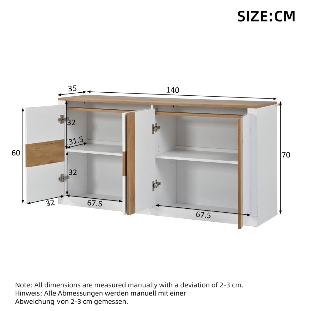 Sideboard moderno 140x35x70 cm in MDF con 4 porte e LED RGB; bianco e rovere naturale