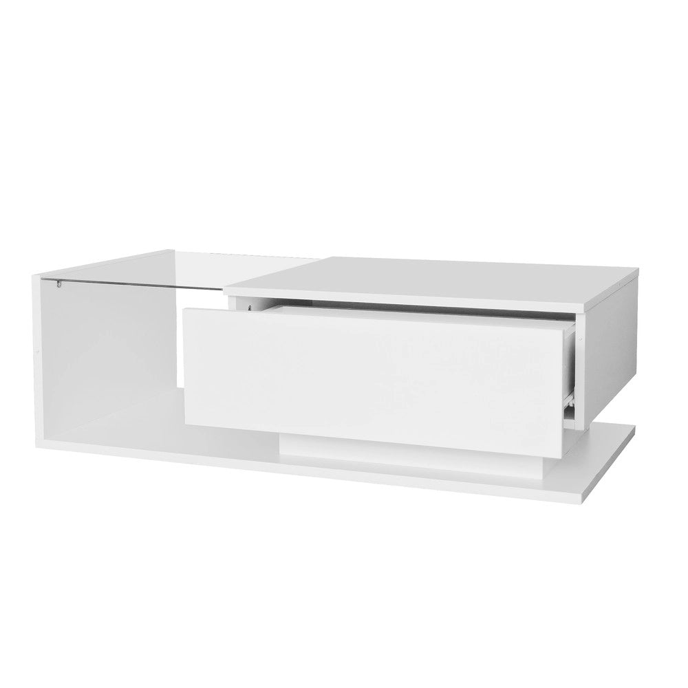 Tavolino da Caff¨¨ con Piano in Vetro e Cassetto, LED ¨C MINIMAL ¨C Bianco Lucido 100x50x32