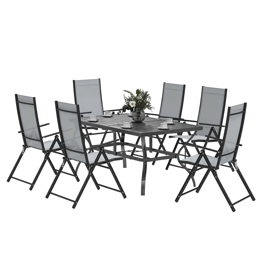 Set Salotto da Giardino 7 Pezzi con Tavolo da Pranzo con Foro per Ombrellone e 6 Sedie Pieghevoli Grigio