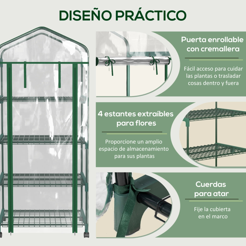 Serra da Giardino con Ruote e 4 Ripiani ¨C Zephmum ¨C Verde Trasparente 69x50x165cm