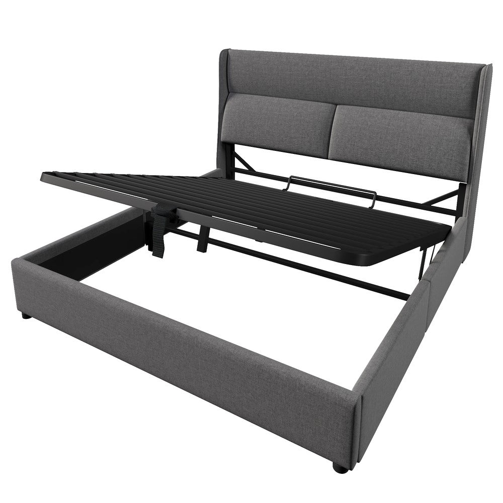 Letto Contenitore Imbottito 140x200 ¨C MINIMAL ¨C Grigio, Tessuto Lino, Metallo, Idraulico, Testiera Regolabile