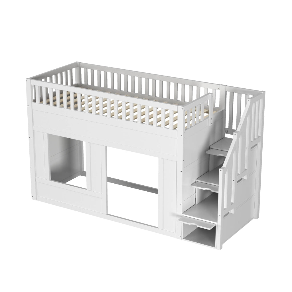 Letto a castello 90×200 cm 1 posto letto con scala contenitore e spazio gioco; senza materasso; in legno e MDF bianco