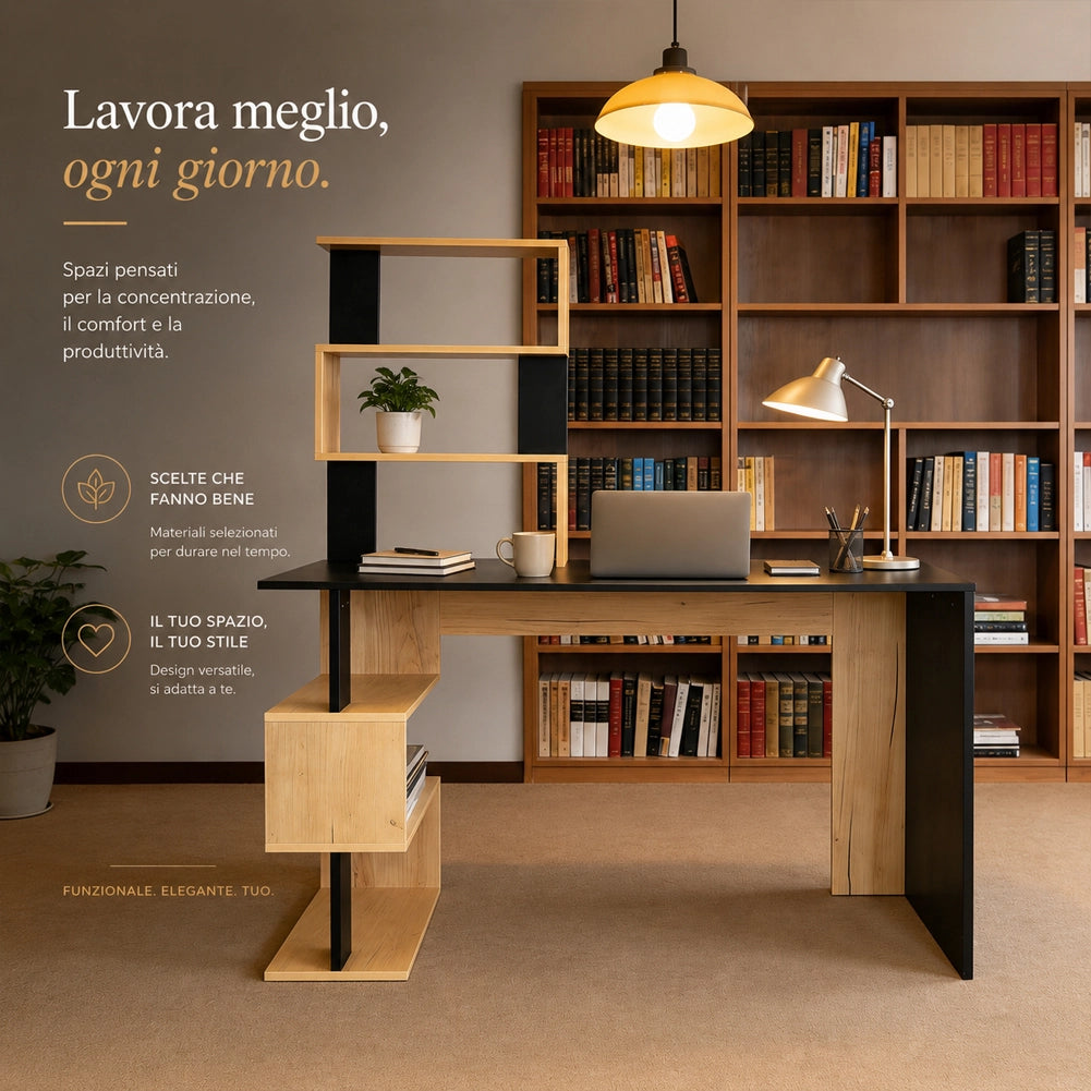 Scrivania con Libreria Tavolo Porta Pc in Legno per Casa Ufficio Nero e Quercia