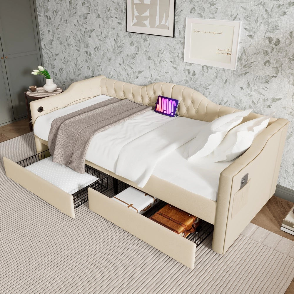Letto Imbottito Contenitore con USB e 2 Cassetti ¨C MINIMAL ¨C Velluto Beige 90x200