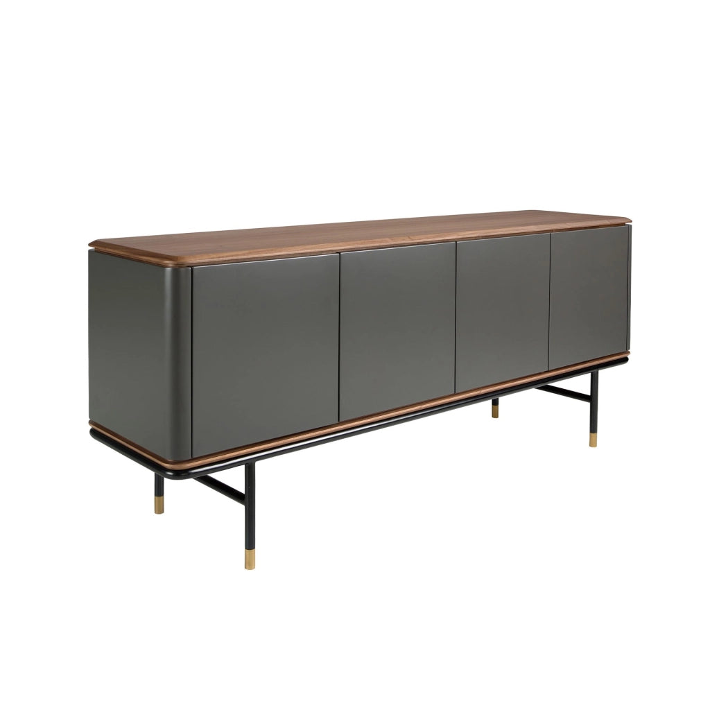 Credenza in legno grigio scuro, acciaio nero e piano in noce