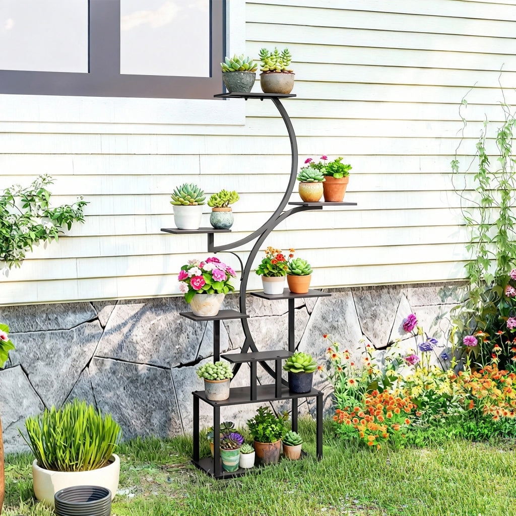 Scaffale porta piante a 8 livelli ¨C Xylo ¨C Metallo nero a forma di S 158,5 cm