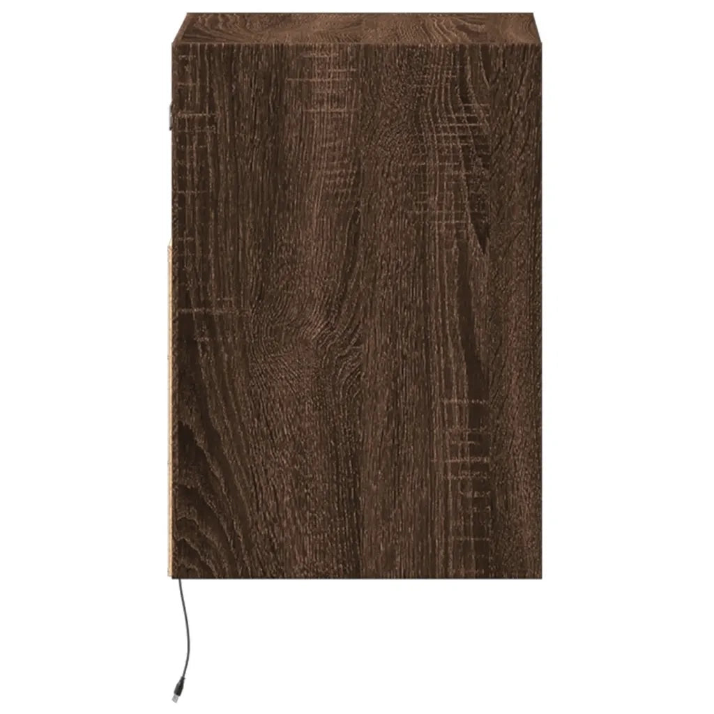 Set di 2 Comodini | Armadio da Notte | Mobiletto da notte a Parete con luci LED Rovere Marrone