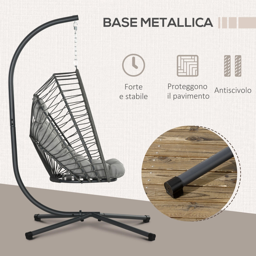 Poltrona Sospesa in Rattan PE con Cuscino, Seduta Pieghevole e Struttura in Acciaio, Grigio