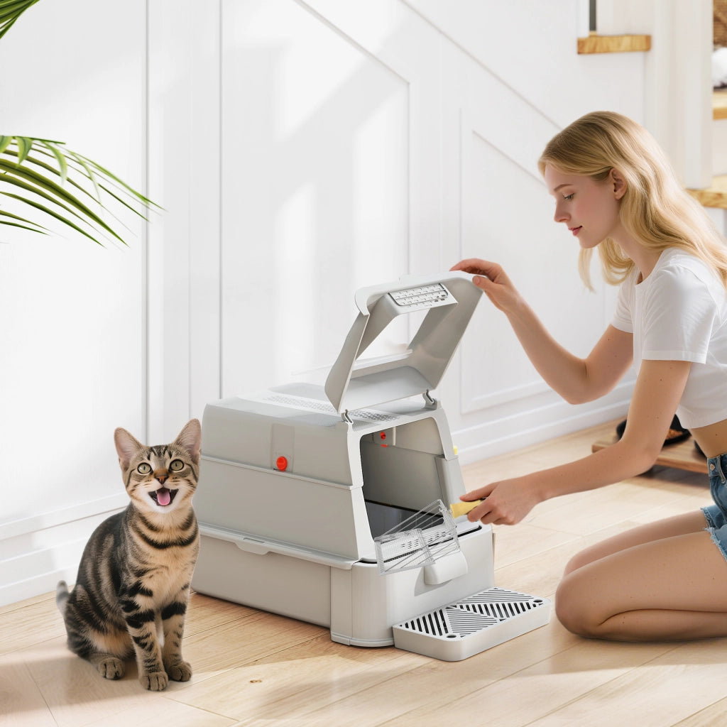 Lettiera per Gatti XL ¨C Xylo ¨C Acciaio Inox con Coperchio Ribaltabile 180¡ã Pareti Alte Grigio Chiaro