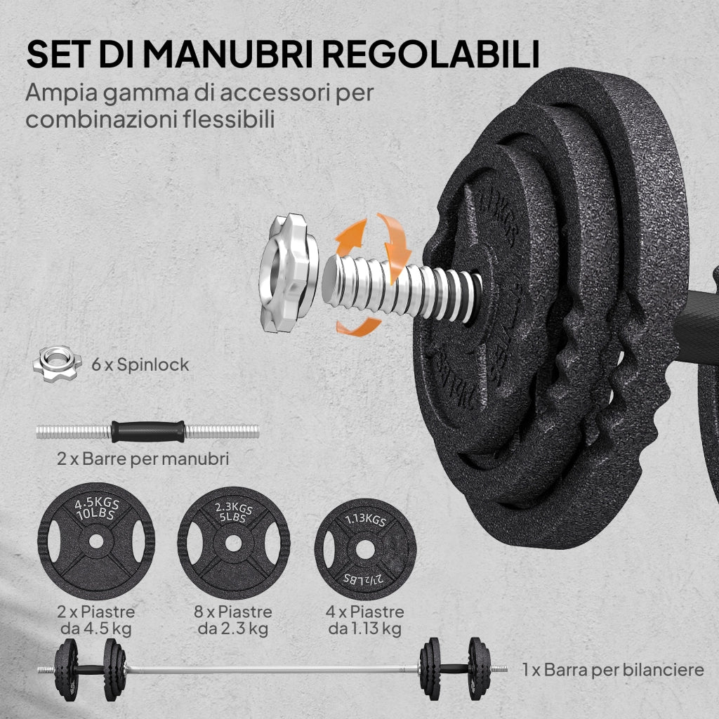 Pesi per Palestra 2 in 1 da 42 kg con 14 Dischi Bilanciere e Manubri in Acciaio Nero