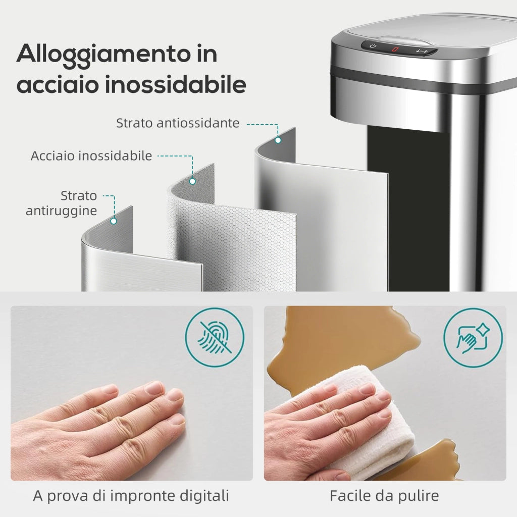 Cestino Rifiuti a Infrarossi 12L ¨C Minimal ¨C Acciaio Inox Argento 28x22x41 cm