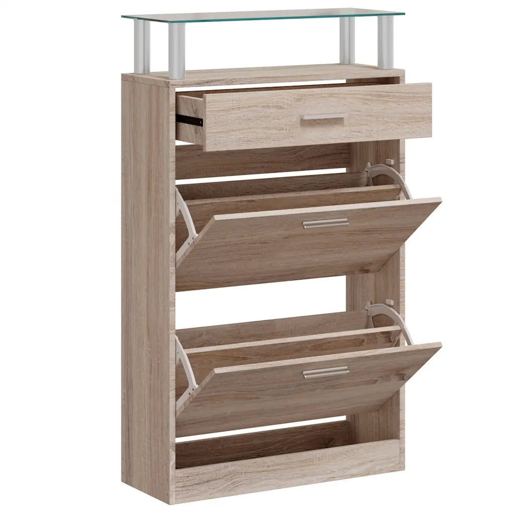 Scarpiera con 1 Cassetto e Mensola-Scaffale per scarpe Vetro Sopra in Legno Rovere