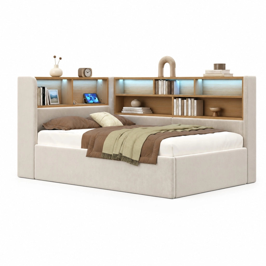 Letto singolo con spazio contenitivo, LED e porte USB Type-C