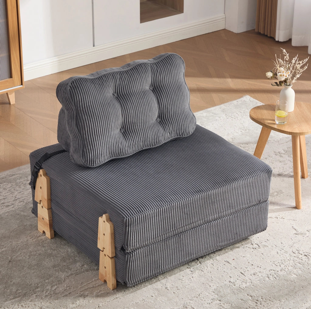 Poltrona letto pieghevole in corduroy grigio scuro; design nordico; 90x86x84 cm; con struttura in legno