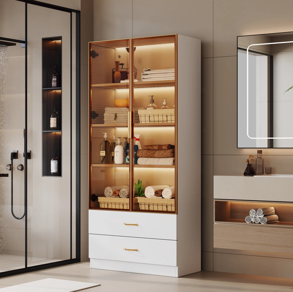 Armadio da bagno 75x34.5x170 cm con vani aperti e vetro temperato in MDF bianco