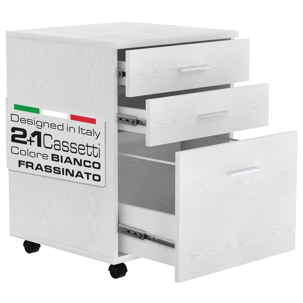 Cassettiera Scrivania Ufficio Mobiletto 3 Cassetti e Ruote Girevoli per Stampante Bianco