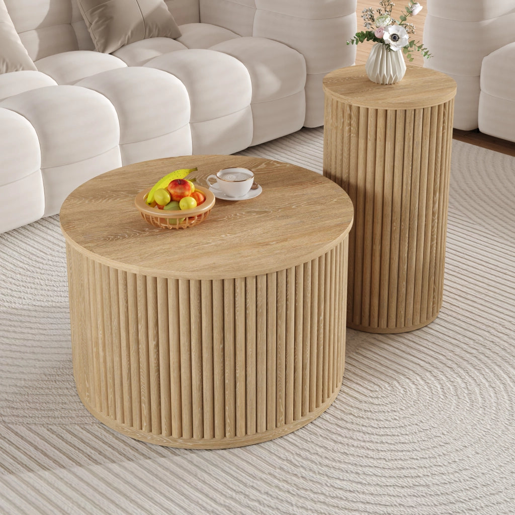 Tavolino da Caffè Rotondo 2 Pezzi con Struttura di Archiviazione, Stile Moderno, per Salotto, MDF, Naturale