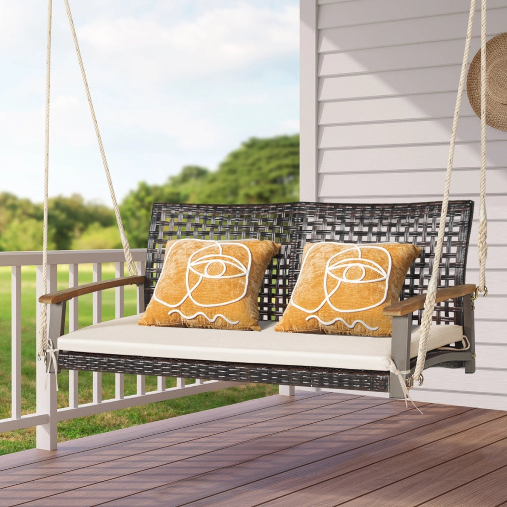 Sedia dondolo in rattan a 2 posti con cuscino e braccioli in legno di acacia, Panchina dondolo in vimini Beige