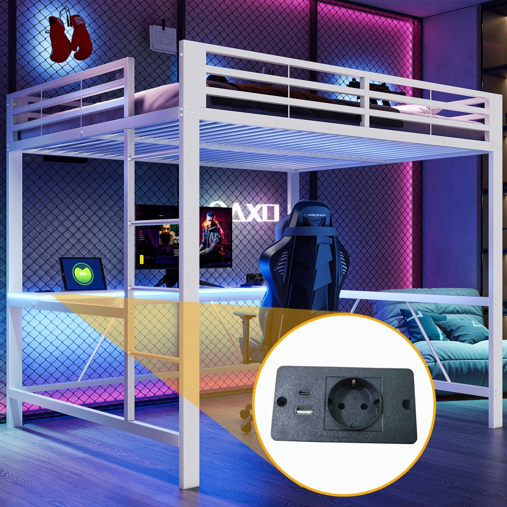 DESMIU Letto a soppalco 160 × 200 cm 2 posti con scrivania, LED e ripiani, senza materasso, in metallo, bianco